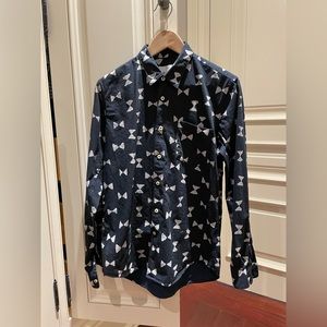 Our Legacy Navy Bow Tie Painted Effect Motif Button Down Shirt. Size: 48=US: M.